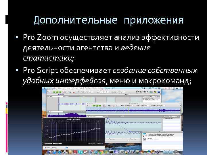 Дополнительные приложения Pro Zoom осуществляет анализ эффективности деятельности агентства и ведение статистики; Pro Script