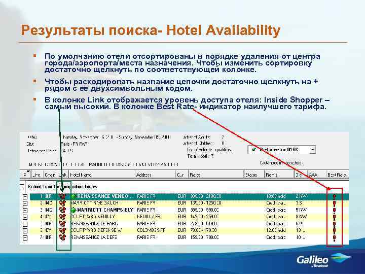 Результаты поиска- Hotel Availability По умолчанию отели отсортированы в порядке удаления от центра города/аэропорта/места
