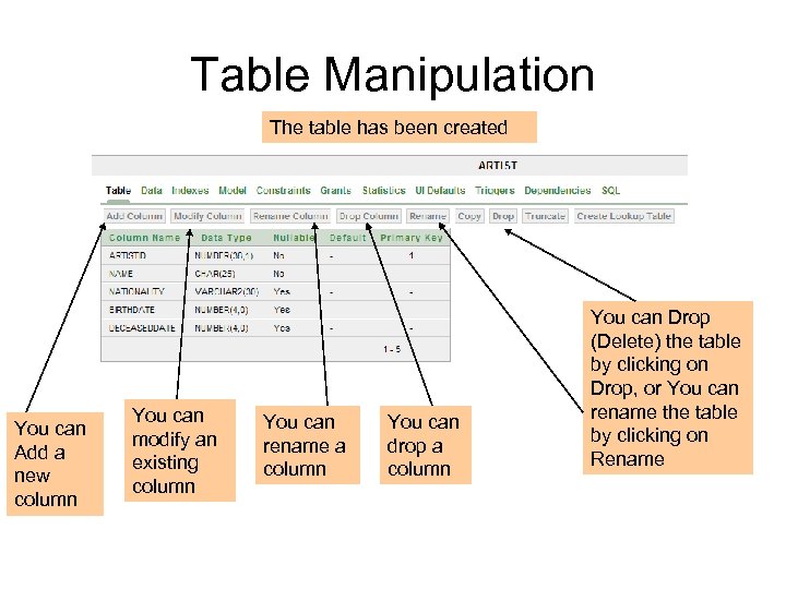 Table Manipulation The table has been created You can Add a new column You