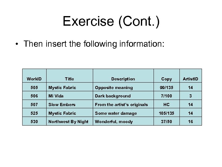 Exercise (Cont. ) • Then insert the following information: Work. ID Title Description Copy