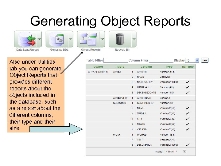 Generating Object Reports Also under Utilities tab you can generate Object Reports that provides