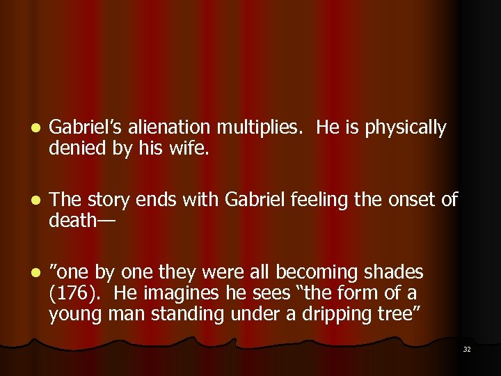 l Gabriel’s alienation multiplies. He is physically denied by his wife. l The story