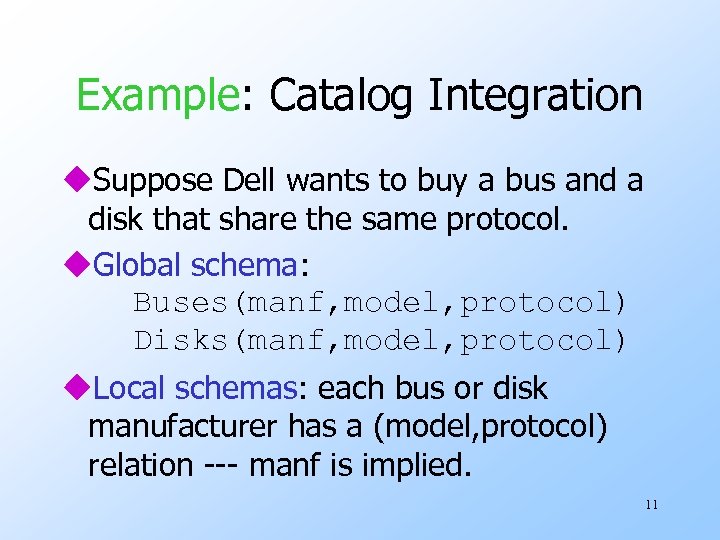 Example: Catalog Integration u. Suppose Dell wants to buy a bus and a disk