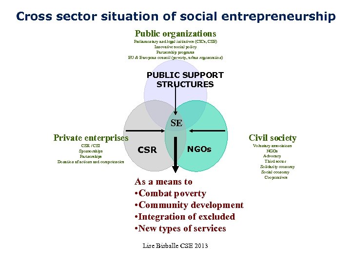 Cross sector situation of social entrepreneurship Public organizations Parliamentary and legal initiatives (CICs, CSE)