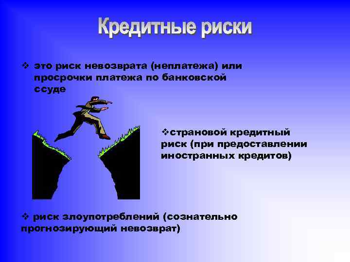 v это риск невозврата (неплатежа) или просрочки платежа по банковской ссуде vстрановой кредитный риск