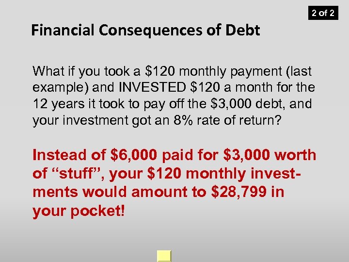 2 of 2 Financial Consequences of Debt What if you took a $120 monthly