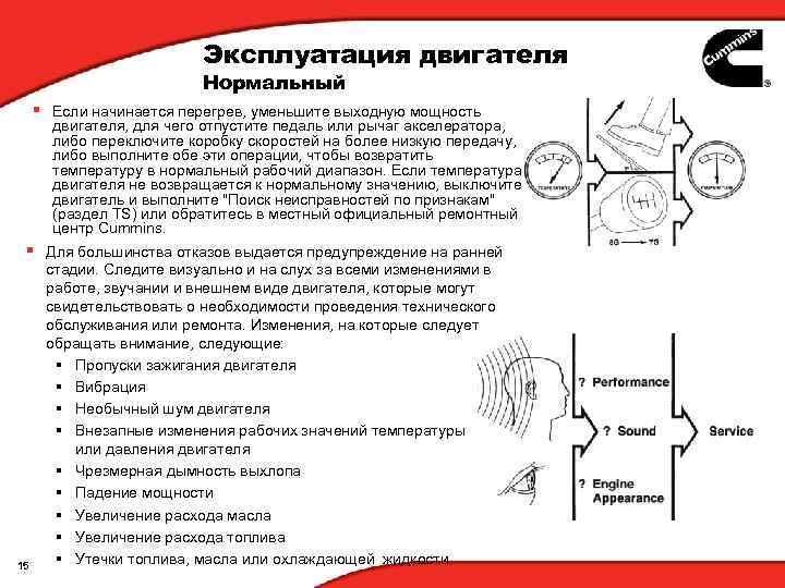 Эксплуатация двигателя Нормальный § Если начинается перегрев, уменьшите выходную мощность двигателя, для чего отпустите