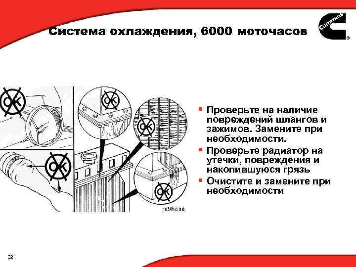 Система охлаждения, 6000 моточасов § Проверьте на наличие повреждений шлангов и зажимов. Замените при