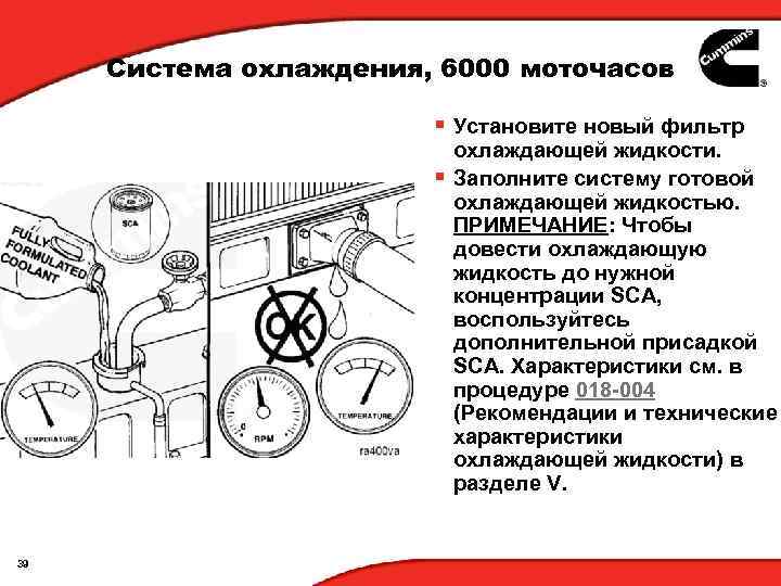 Система охлаждения, 6000 моточасов § Установите новый фильтр охлаждающей жидкости. § Заполните систему готовой