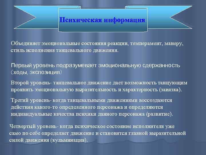 Психическая информация Объединяет эмоциональные состояния реакции, темперамент, манеру, стиль исполнения танцевального движения. Первый уровень