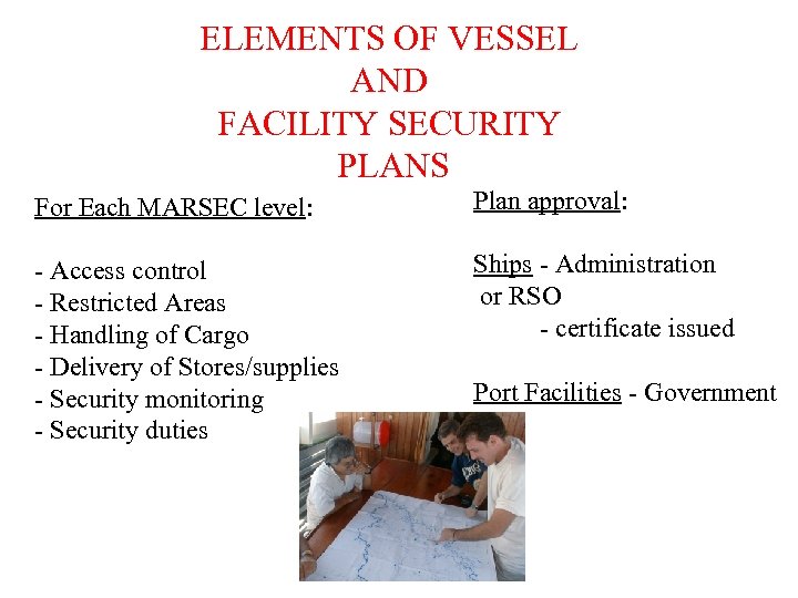 ELEMENTS OF VESSEL AND FACILITY SECURITY PLANS For Each MARSEC level: Plan approval: -