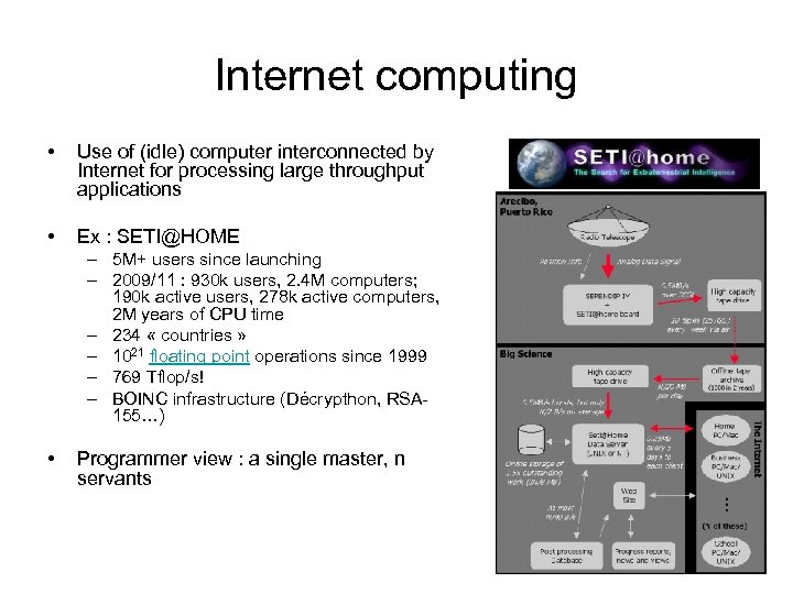 Internet computing • Use of (idle) computer interconnected by Internet for processing large throughput