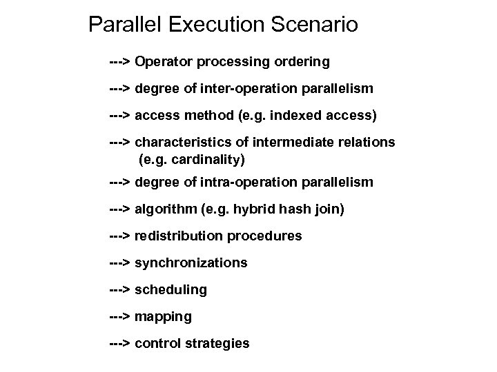 Parallel Execution Scenario ---> Operator processing ordering ---> degree of inter-operation parallelism ---> access