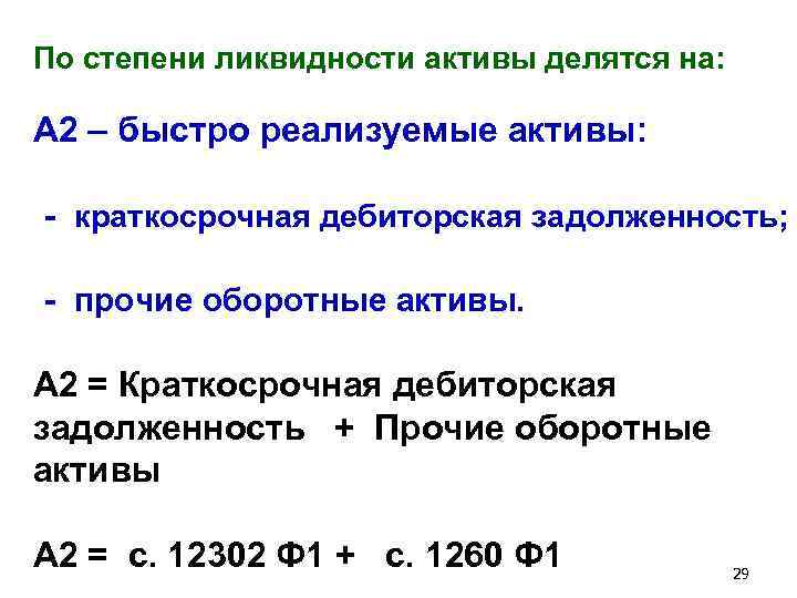 По степени ликвидности активы делятся на: А 2 – быстро реализуемые активы: - краткосрочная