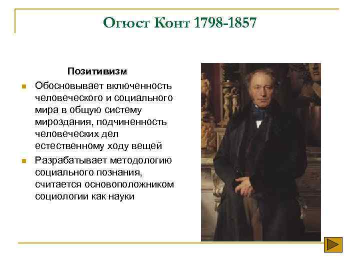 Огюст Конт 1798 -1857 n n Позитивизм Обосновывает включенность человеческого и социального мира в