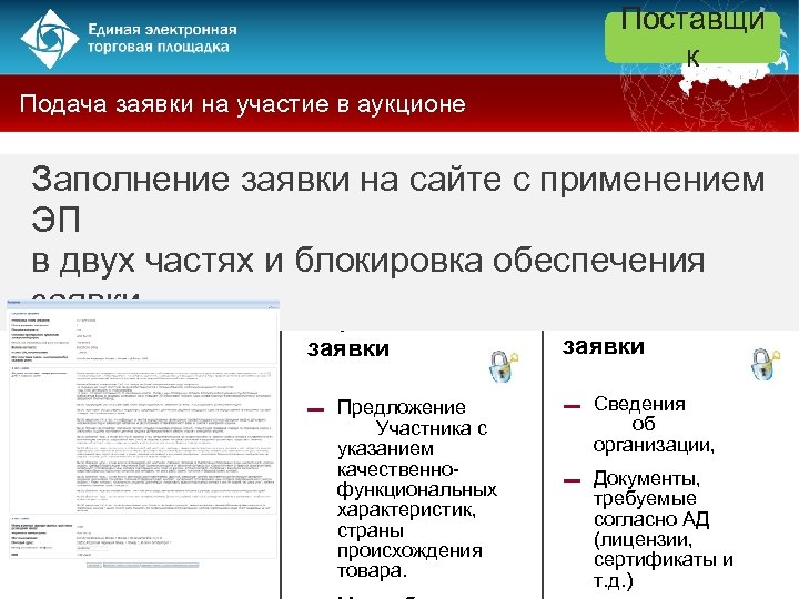 Поставщи к Подача заявки на участие в аукционе Заполнение заявки на сайте с применением