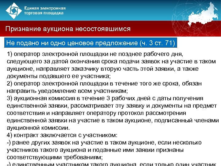 Признание аукциона несостоявшимся Не подано ни одно ценовое предложение (ч. 3 ст. 71) 1)