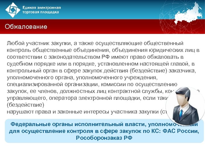 Обжалование Любой участник закупки, а также осуществляющие общественный контроль общественные объединения, объединения юридических лиц