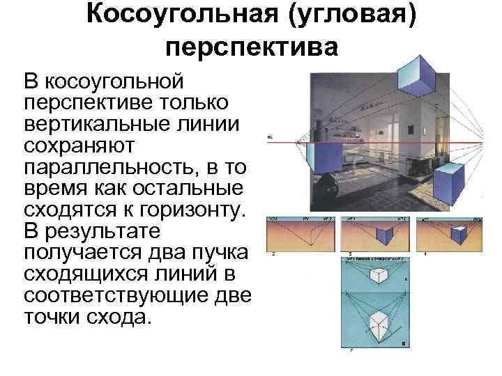 Косоугольная (угловая) перспектива В косоугольной перспективе только вертикальные линии сохраняют параллельность, в то время