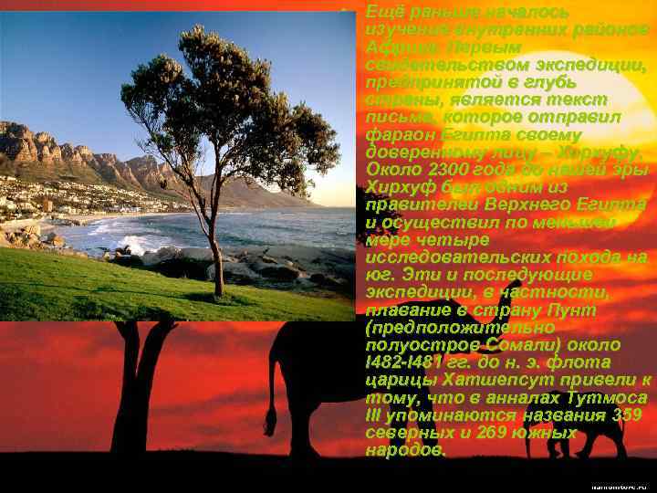  • Ещё раньше началось изучение внутренних районов Африка. Первым свидетельством экспедиции, предпринятой в