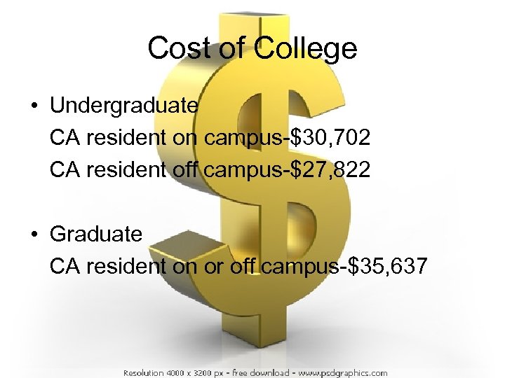 Cost of College • Undergraduate CA resident on campus-$30, 702 CA resident off campus-$27,