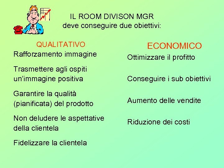 IL ROOM DIVISON MGR deve conseguire due obiettivi: QUALITATIVO Rafforzamento immagine Ottimizzare il profitto