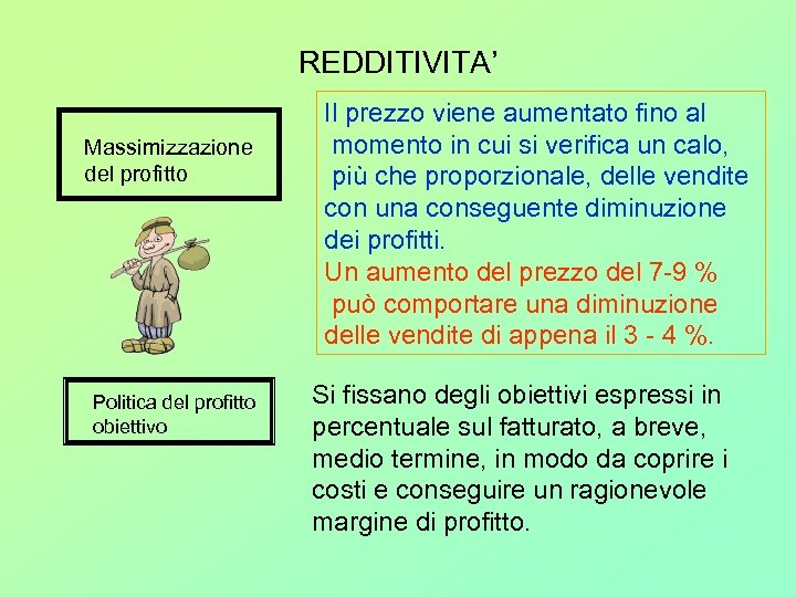 REDDITIVITA’ Massimizzazione del profitto Politica del profitto obiettivo Il prezzo viene aumentato fino al