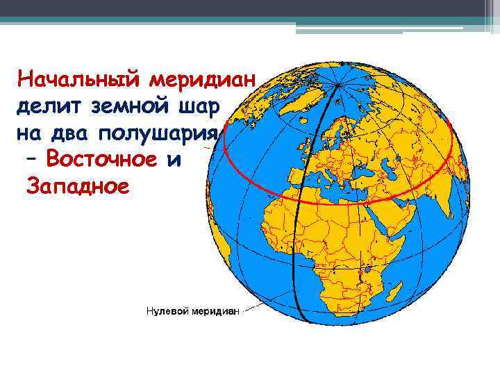 Начальный меридиан делит земной шар на два полушария – Восточное и Западное 