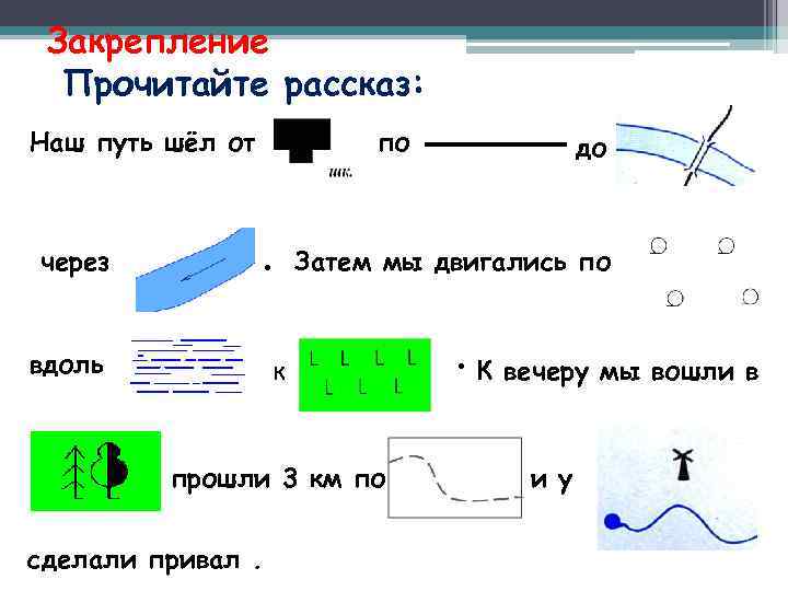 Закрепление Прочитайте рассказ: Наш путь шёл от через по до . Затем мы двигались