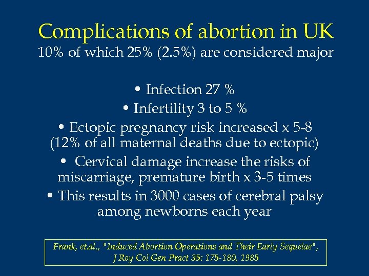 Complications of abortion in UK 10% of which 25% (2. 5%) are considered major