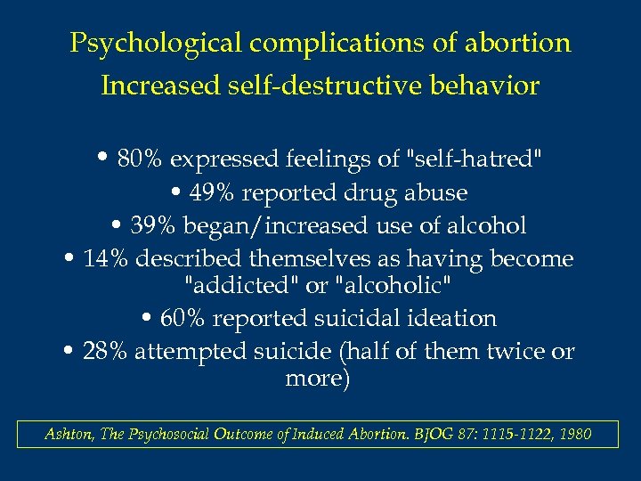 Psychological complications of abortion Increased self-destructive behavior • 80% expressed feelings of 