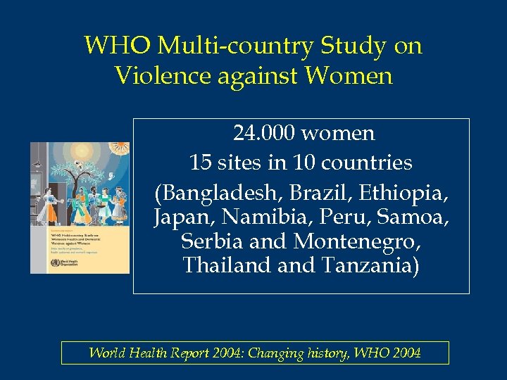 WHO Multi-country Study on Violence against Women 24. 000 women 15 sites in 10