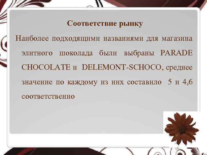 Соответствие рынку Наиболее подходящими названиями для магазина элитного шоколада были выбраны PARADE CHOCOLATE и