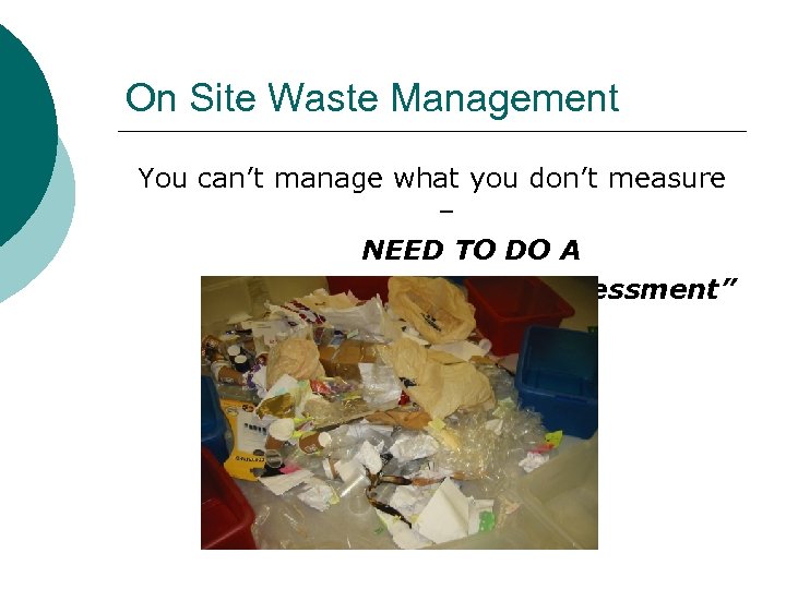On Site Waste Management You can’t manage what you don’t measure – NEED TO
