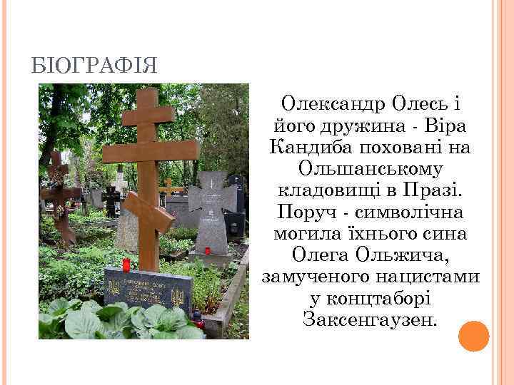 БІОГРАФІЯ Олександр Олесь і його дружина - Віра Кандиба поховані на Ольшанському кладовищі в