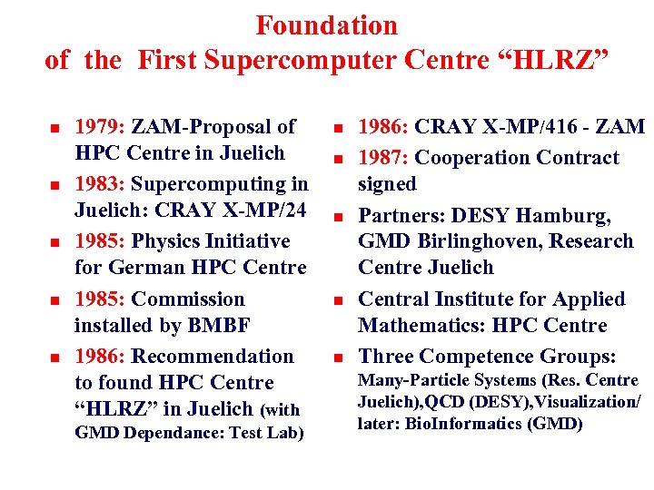 Foundation of the First Supercomputer Centre “HLRZ” n n n 1979: ZAM-Proposal of HPC