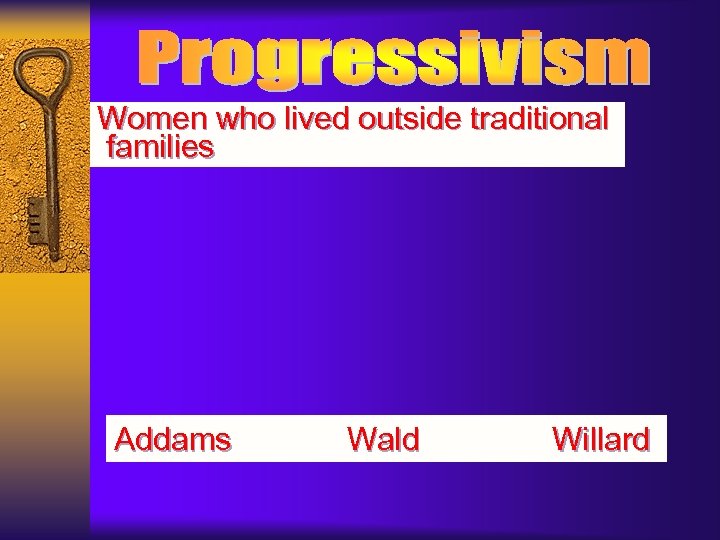 Women who lived outside traditional families Addams Wald Willard 