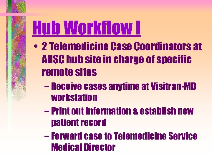 Hub Workflow I • 2 Telemedicine Case Coordinators at AHSC hub site in charge