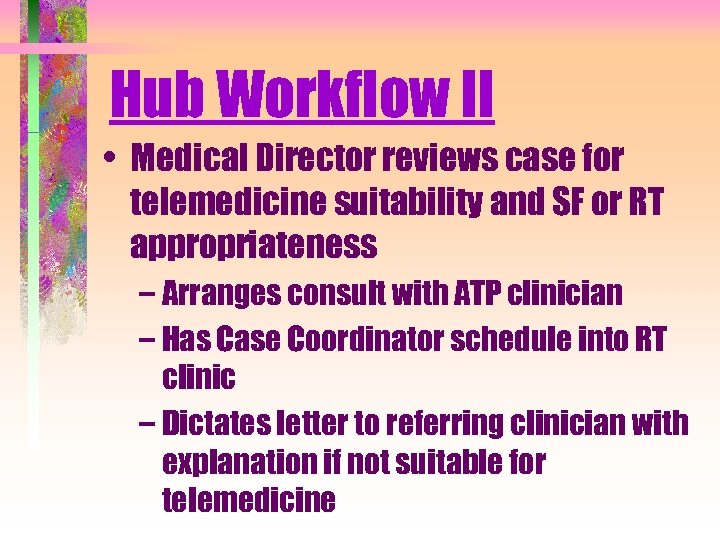 Hub Workflow II • Medical Director reviews case for telemedicine suitability and SF or