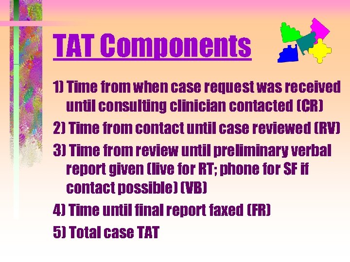 TAT Components 1) Time from when case request was received until consulting clinician contacted