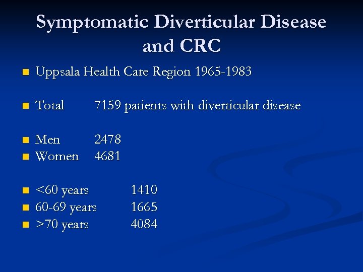 Symptomatic Diverticular Disease and CRC n Uppsala Health Care Region 1965 -1983 n Total