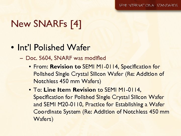 New SNARFs [4] • Int’l Polished Wafer – Doc. 5604, SNARF was modified •