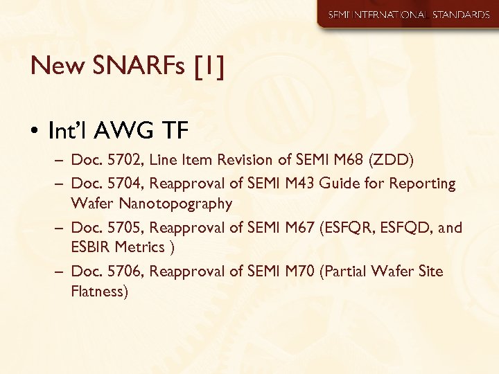 New SNARFs [1] • Int’l AWG TF – Doc. 5702, Line Item Revision of