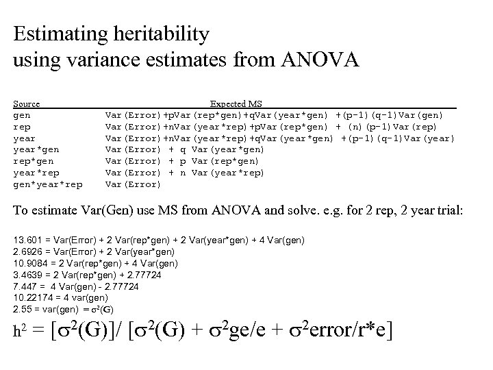 Estimating heritability using variance estimates from ANOVA Source gen rep year*gen rep*gen year*rep gen*year*rep