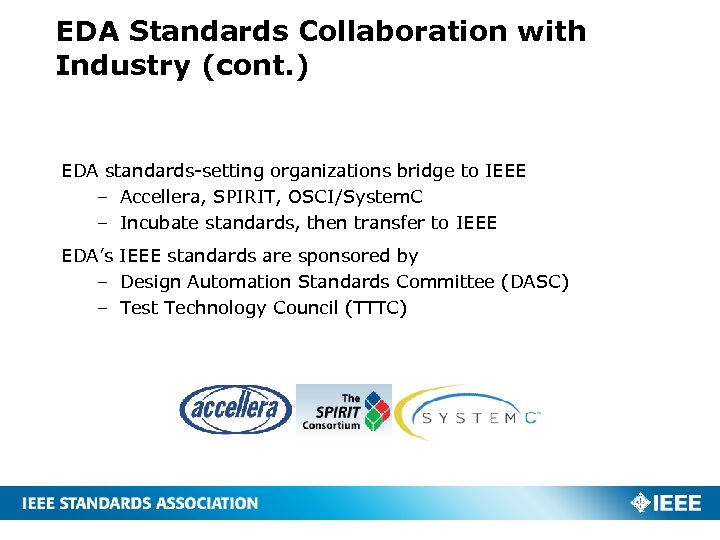 EDA Standards Collaboration with Industry (cont. ) EDA standards-setting organizations bridge to IEEE –