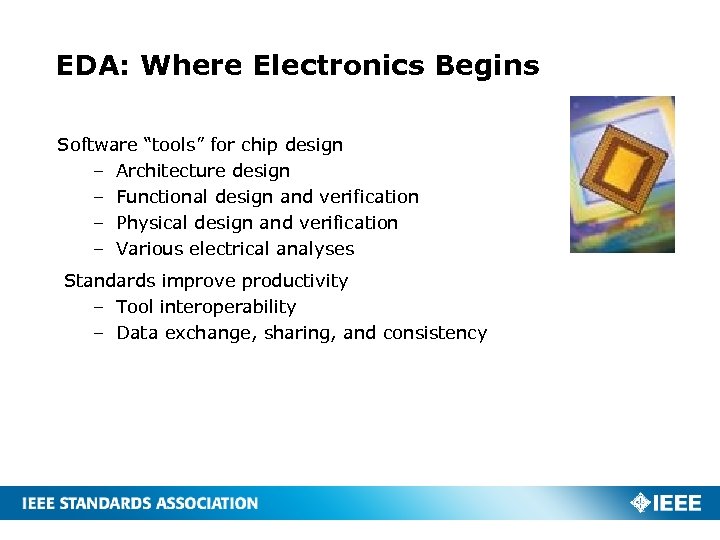 EDA: Where Electronics Begins Software “tools” for chip design – Architecture design – Functional