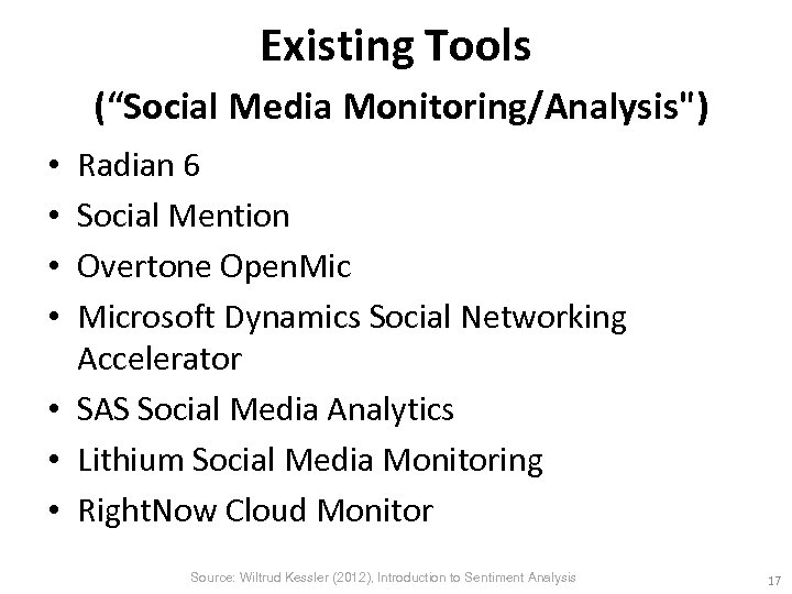 Existing Tools (“Social Media Monitoring/Analysis") Radian 6 Social Mention Overtone Open. Microsoft Dynamics Social