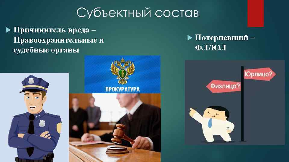 Субъектный состав Причинитель вреда – Правоохранительные и судебные органы Потерпевший – ФЛ/ЮЛ 