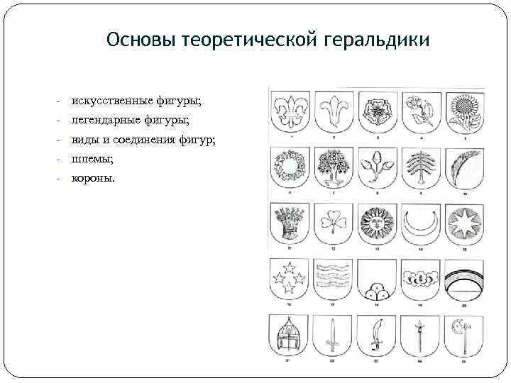 Основы теоретической геральдики - искусственные фигуры; - легендарные фигуры; - виды и соединения фигур;