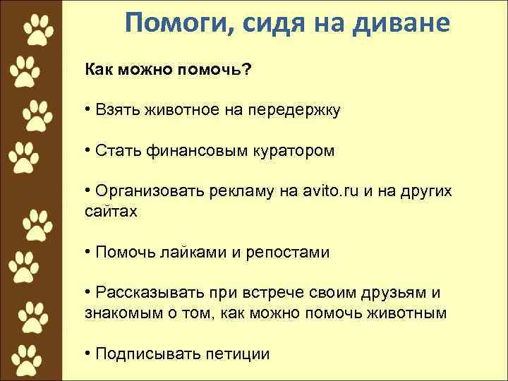 Помоги, сидя на диване Как можно помочь? • Взять животное на передержку • Стать